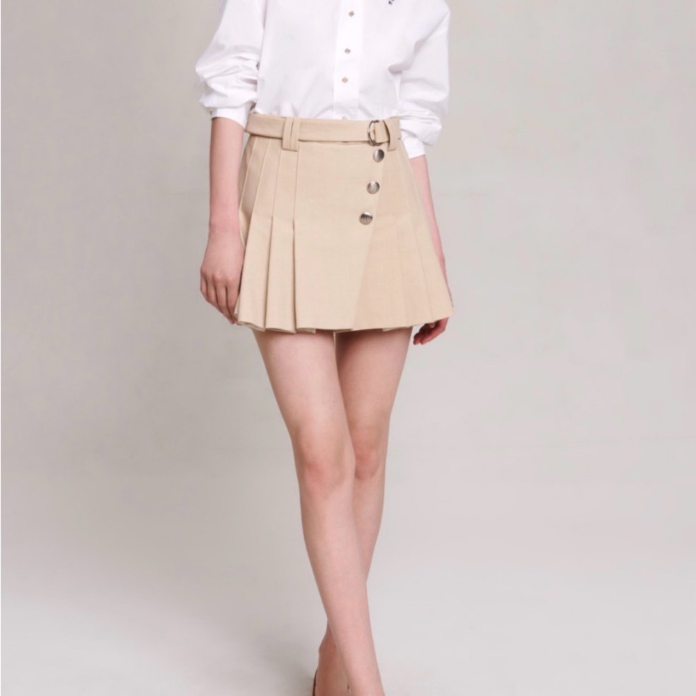 Maje Beige Pleated Mini Skirt with Side Buttons